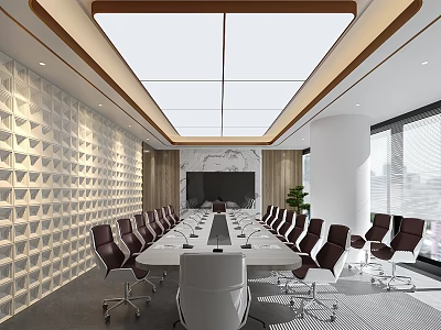 Modern Conference Room Interior With Long Table Geometric Wall Marble Backdrop And Large Windows 3d model