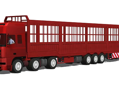 Red Cargo Truck With Long Caged Trailer And Multiple Wheels Design 3d model