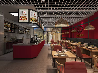 Chinese Style Restaurant Interior Design With Red Walls Wooden Tables And Pendant Lights 3d model