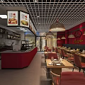 Chinese Style Restaurant Interior Design With Red Walls Wooden Tables And Pendant Lights