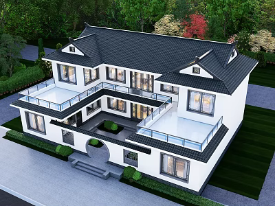Modern Detached Villa Exterior With Black Roof White Walls Balcony And Greenery 3d model