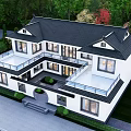 Modern Detached Villa Exterior With Black Roof White Walls Balcony And Greenery