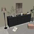 Black Modern Chest of Drawers in Living Area with Floor Lamp Potted Plant and Wall Art