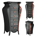 Vintage Black Carved Chest of Drawers with Red Accents and Ornate Mirror