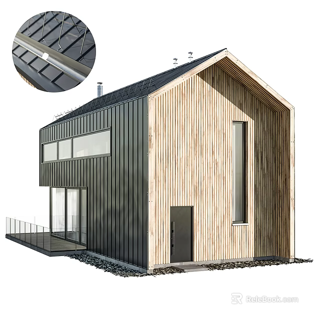 Modern Residential House With Wooden Exterior Metal Cladding Sloped Roof And Large Windows 3d model 