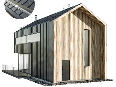 Modern Residential House With Wooden Exterior Metal Cladding Sloped Roof And Large Windows 3d model
