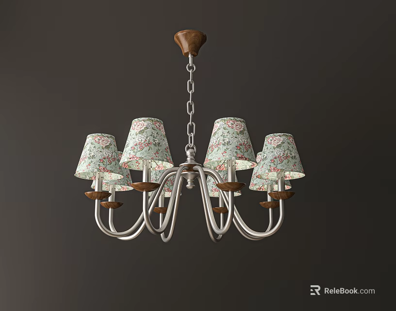 Floral Pattern Chandelier With Multiple Fabric Shades Wooden Base And Metal Arms 3d model 
