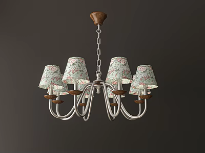 Floral Pattern Chandelier With Multiple Fabric Shades Wooden Base And Metal Arms 3d model