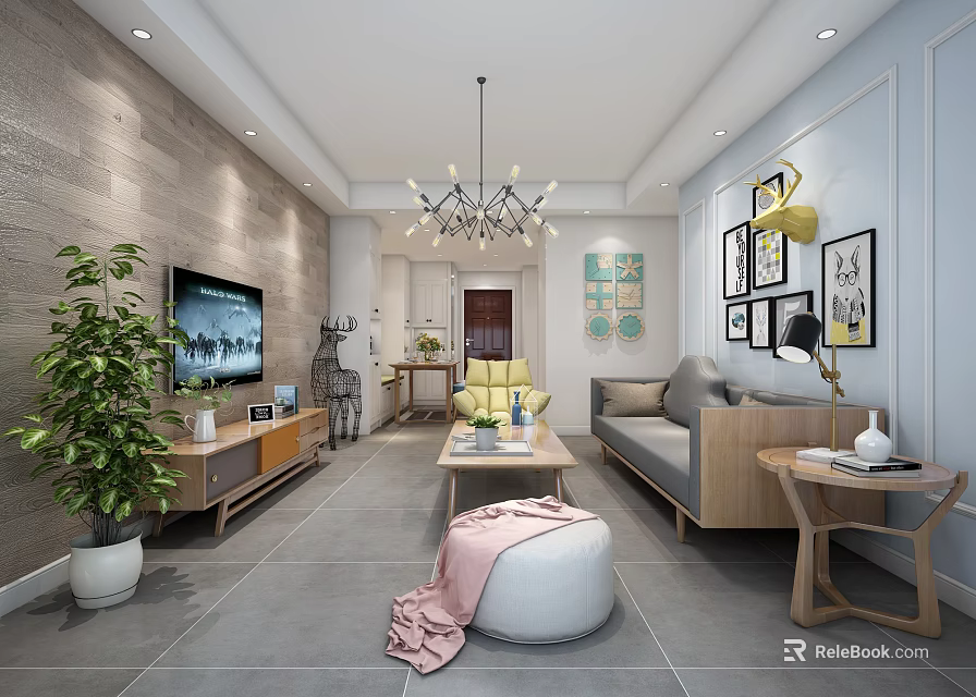 Modern Living Room Interior With Sofa TV Coffee Table Chandelier Green Plant And Decorative Paintings 3d model 