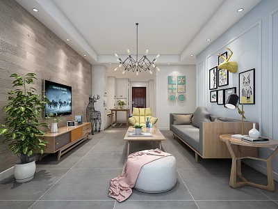 Modern Living Room Interior With Sofa TV Coffee Table Chandelier Green Plant And Decorative Paintings 3d model