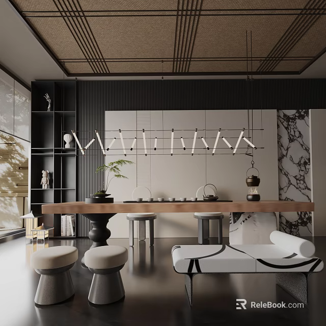 Modern Wooden Dining Table Set With Stools Hanging Lights And Decorative Plants 3d model 