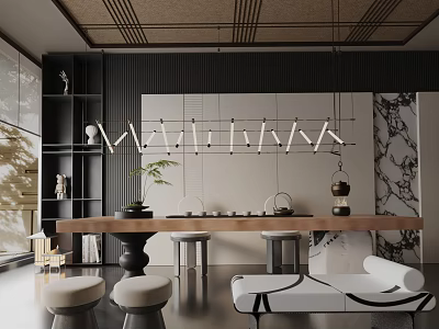 Modern Wooden Dining Table Set With Stools Hanging Lights And Decorative Plants 3d model