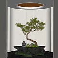 Modern Interior Landscape With Bonsai Pine Tree Round Ceiling Light And Stone Base 3d model