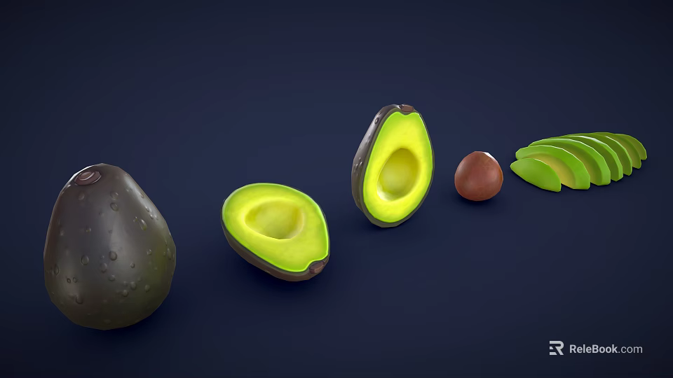 Fresh Ripe Avocado Whole Fruit Halved With Pit And Slices Displayed On Dark Background 3d model 