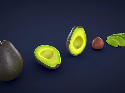 Fresh Ripe Avocado Whole Fruit Halved With Pit And Slices Displayed On Dark Background 3d model