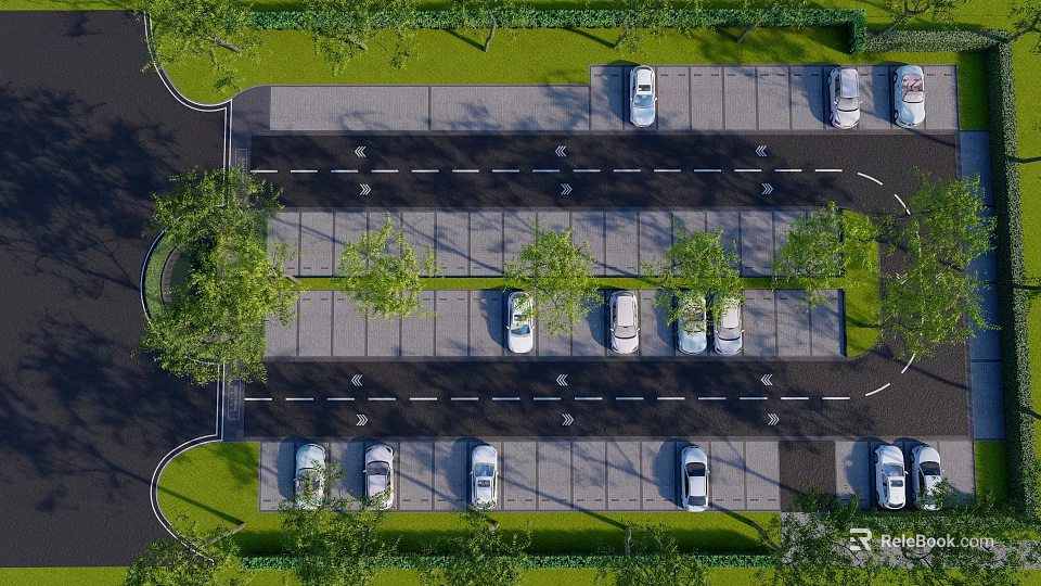 Aerial View Of Organized Parking Lot With Parked Cars Green Trees And Paved Lanes 3d model 