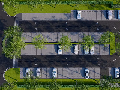 Aerial View Of Organized Parking Lot With Parked Cars Green Trees And Paved Lanes 3d model