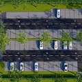 Aerial View Of Organized Parking Lot With Parked Cars Green Trees And Paved Lanes