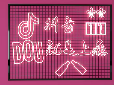 Pink Grid Background Wall With Douyin Logo Chinese Characters And Decorative Patterns 3d model