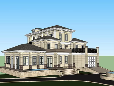 European Style Detached Villa With Dark Roof Light Exterior Large Windows And Balcony Steps 3d model