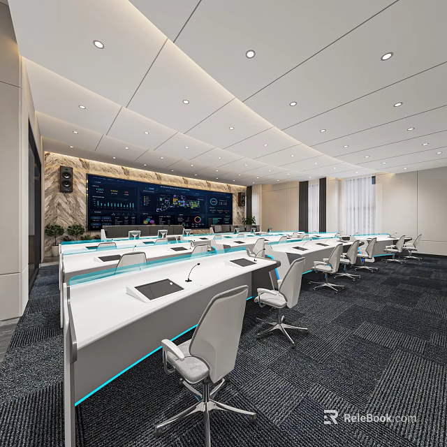 Modern Monitoring Room With Control Desks Multiple Screens And Ergonomic Chairs 3d model 