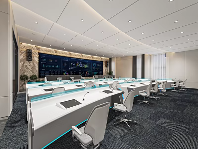 Modern Monitoring Room With Control Desks Multiple Screens And Ergonomic Chairs 3d model