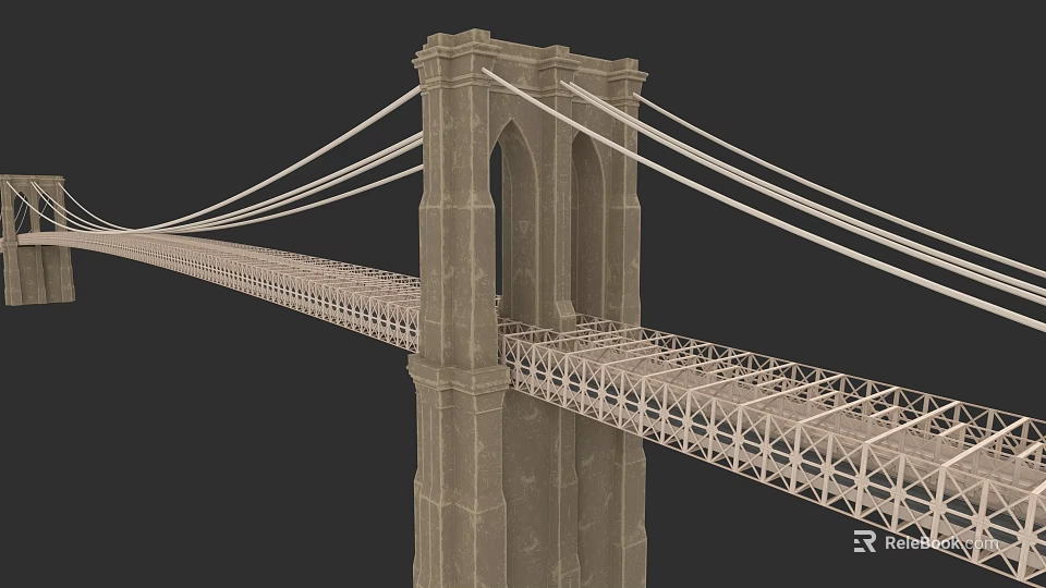 Urban Architectural Structure Classic Stone Tower Suspension Bridge With Steel Truss And Cables 3d model 