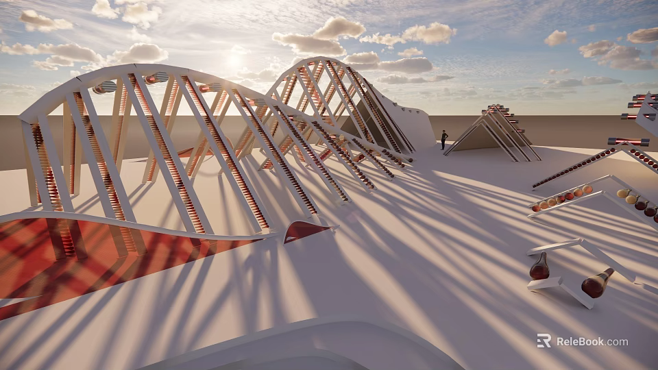 Modern Architectural Roof Structure With Geometric Arched Frames Sunlight And Shadows 3d model 