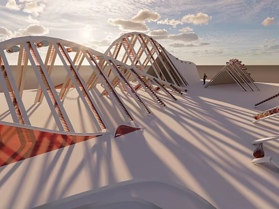Modern Architectural Roof Structure With Geometric Arched Frames Sunlight And Shadows 3d model