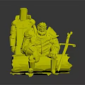 Seated Armored Warrior With Red Brown Beard Standing Cross Knight Near Sword In Gray Background