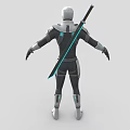 Futuristic Game Movie Character in Black Silver Armor with Blue Accents and Sword
