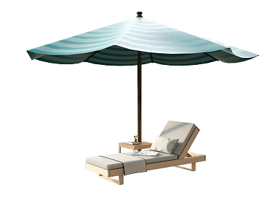 Reclining Lounge Chair with Teal Umbrella and Beige Cushions for Outdoor Relaxation 3d model