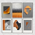 Six Modern Abstract Framed Wall Art Pieces with Geometric Patterns Gray Orange Tones 3d model
