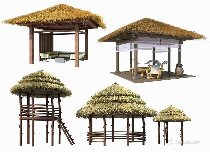 Various Thatched Roof Pavilion Designs With Hammock Stairs For Outdoor Garden Relaxation 3d model 