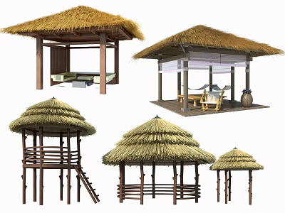Various Thatched Roof Pavilion Designs With Hammock Stairs For Outdoor Garden Relaxation 3d model