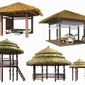 Various Thatched Roof Pavilion Designs With Hammock Stairs For Outdoor Garden Relaxation