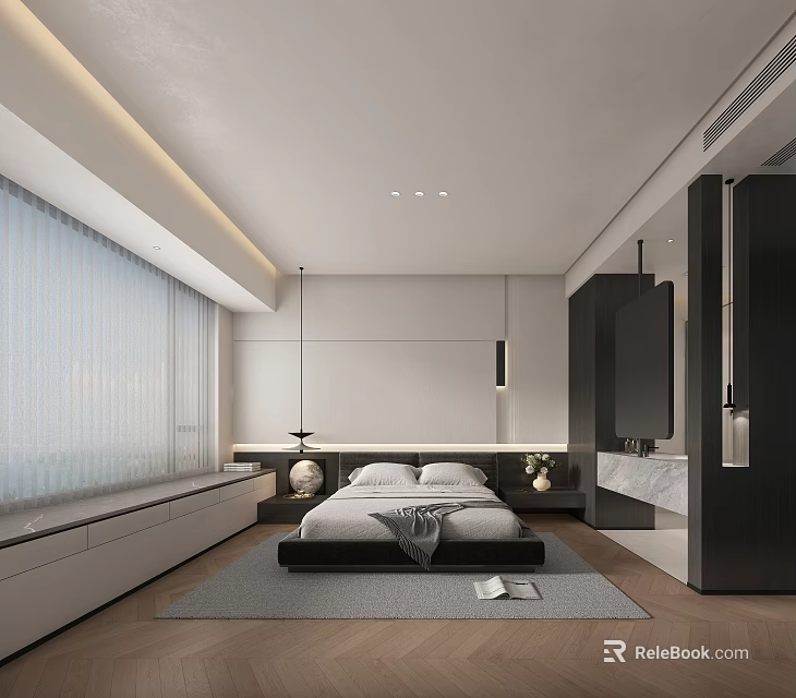 Modern Bedroom Interior Design With White And Gray Tones Large Window Curtains Bed And Area Rug 3d model 