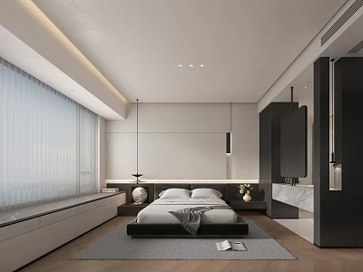 Modern Bedroom Interior Design With White And Gray Tones Large Window Curtains Bed And Area Rug 3d model