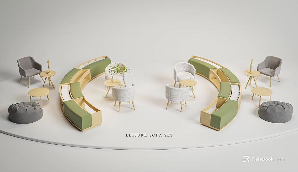 Modern Leisure Sofa Set With Curved Green Beige Design Wooden Frame And Matching Side Tables 3d model 