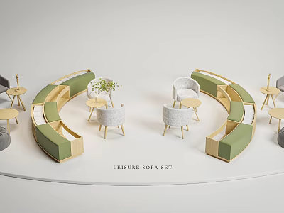 Modern Leisure Sofa Set With Curved Green Beige Design Wooden Frame And Matching Side Tables 3d model