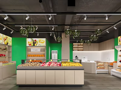 Bright Fruit Store Interior With Colorful Fresh Fruits Display Shelves And Ceiling Lights 3d model