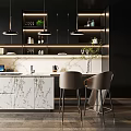 Modern Black Kitchen With Marble Island Hanging Lights And Bar Stools