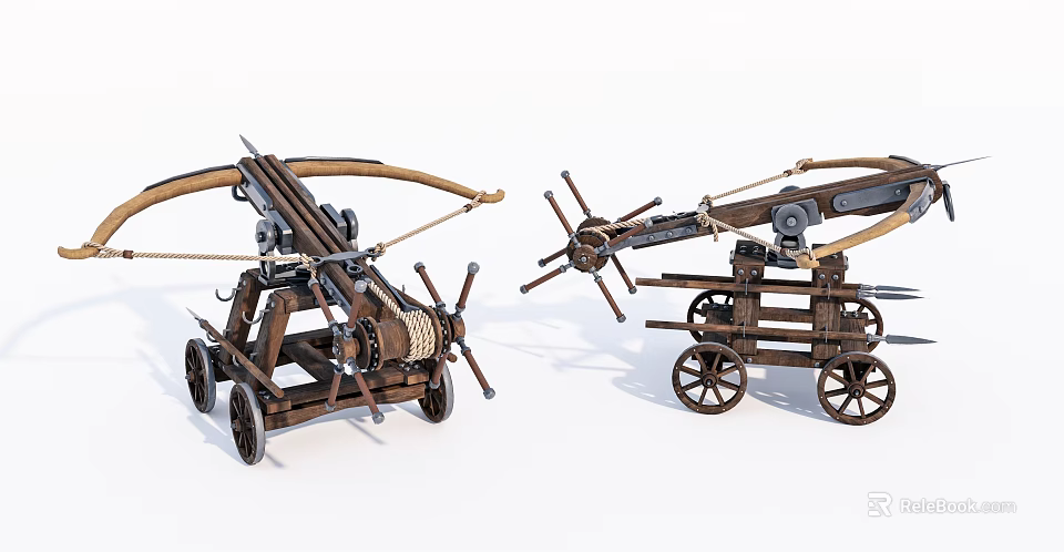 Ancient Siege Weapons With Wooden Frames Wheels Ropes And Mechanical Parts 3d model 