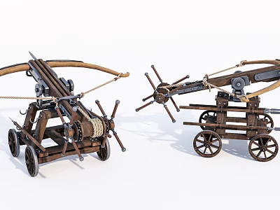 Ancient Siege Weapons With Wooden Frames Wheels Ropes And Mechanical Parts 3d model