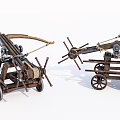 Ancient Siege Weapons With Wooden Frames Wheels Ropes And Mechanical Parts