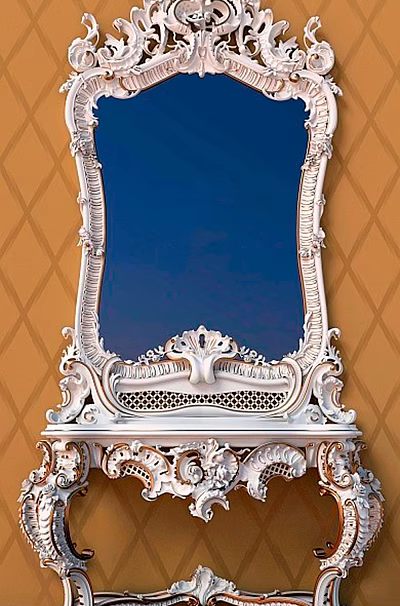 Ornate White Dressing Table With Carved Mirror And Orange Diamond Pattern Wall 3d model