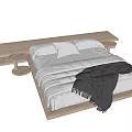 Modern Cozy Double Bed With Wooden Frame White Pillows And Gray Throw Blanket