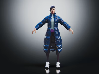 3D Character Model in Blue Coat with Light Green Inner Top Purple Pants and White Shoes Arms Outstretched 3d model