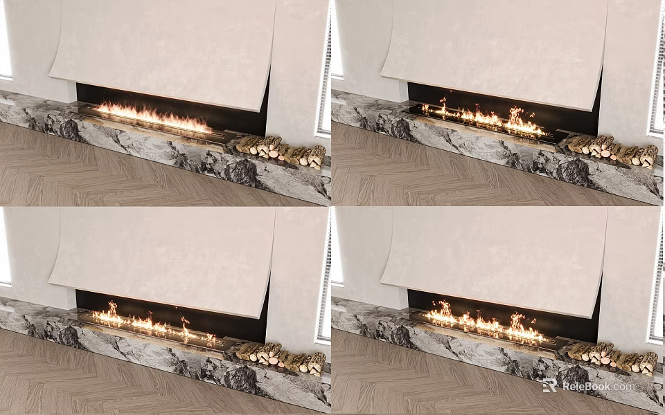 Modern Fireplace Interior With Burning Flames And Marble Mantel On Wooden Floor 3d model 