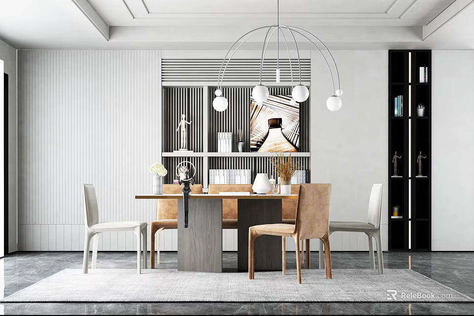 Modern Dining Room Interior With Pendent Light Dining Table Chairs And Wall Shelf 3d model